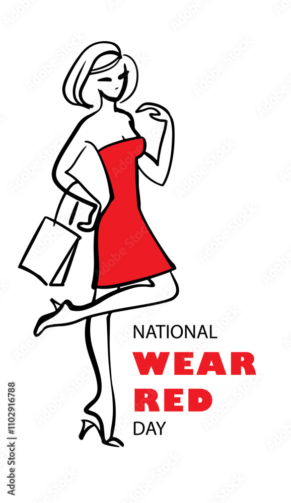 National Wear Red Day - text with different fonts. Woman in red dress . Vector illustration. National Wear Red Day - text with different fonts. Woman in red dress . Vector illustration.