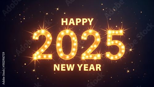 Happy New Year 2025 Glowing Lights Design. Concept of celebration, party, and holiday.