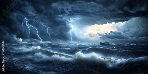 Brilliant flashes of lightning illuminate the stormy skies.