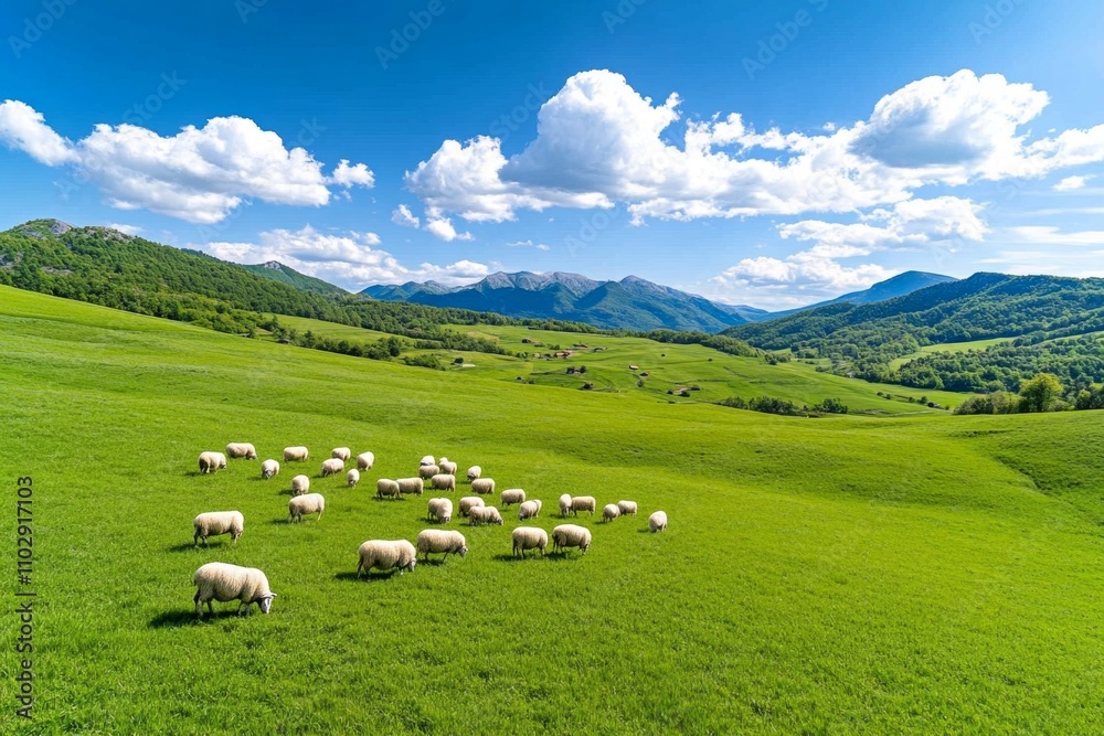 Fototapeta premium A shepherd with a flock of sheep grazing on the lush green pastures of Bjelasnica during spring
