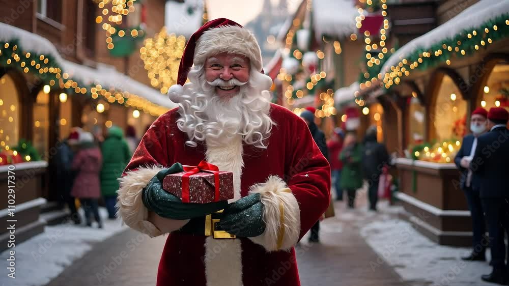 A cheerful figure in a Santa suit stands in a festive market, surrounded by twinkling lights and snow-covered streets. Shoppers enjoy the holiday spirit while gathering around. A cheerful figure in a Santa suit stands in a festive market, surrounded by twinkling lights and snow-covered streets. Shoppers enjoy the holiday spirit while gathering around.