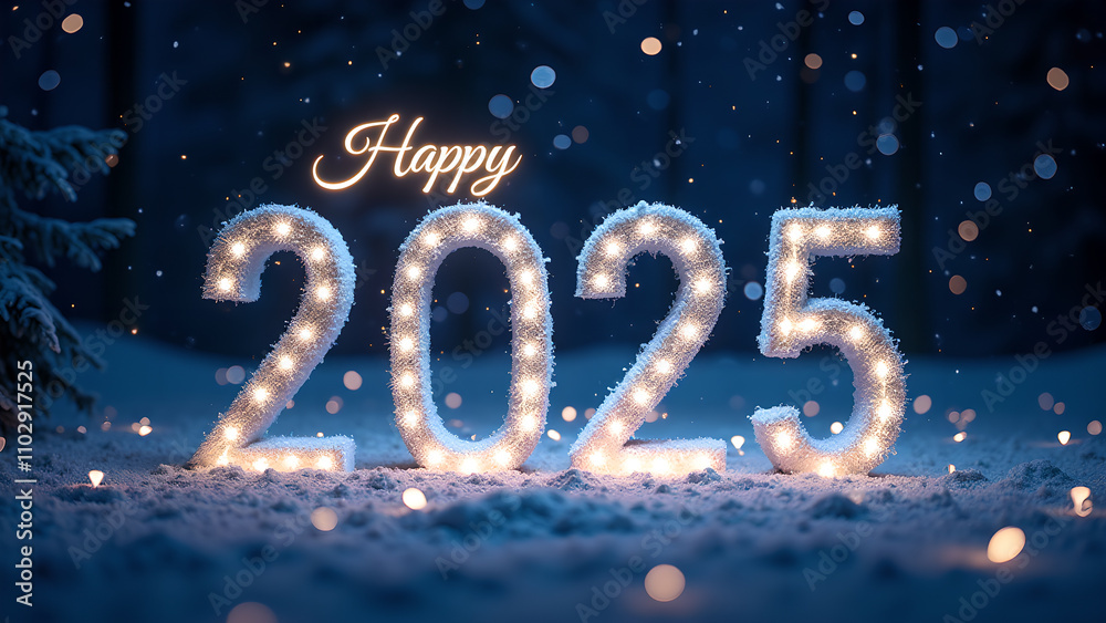Happy New Year 2025 Snowy Winter Night. Festive celebration concept. Happy New Year 2025 Snowy Winter Night. Festive celebration concept.