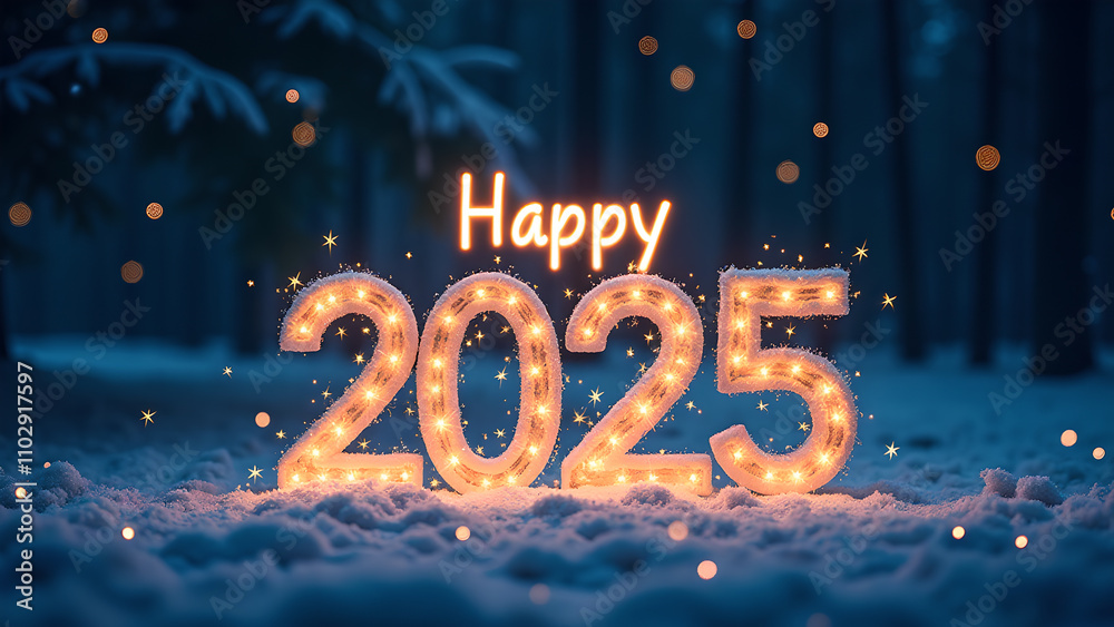 Happy New Year 2025 in snowy forest. Festive winter holiday concept. Happy New Year 2025 in snowy forest. Festive winter holiday concept.