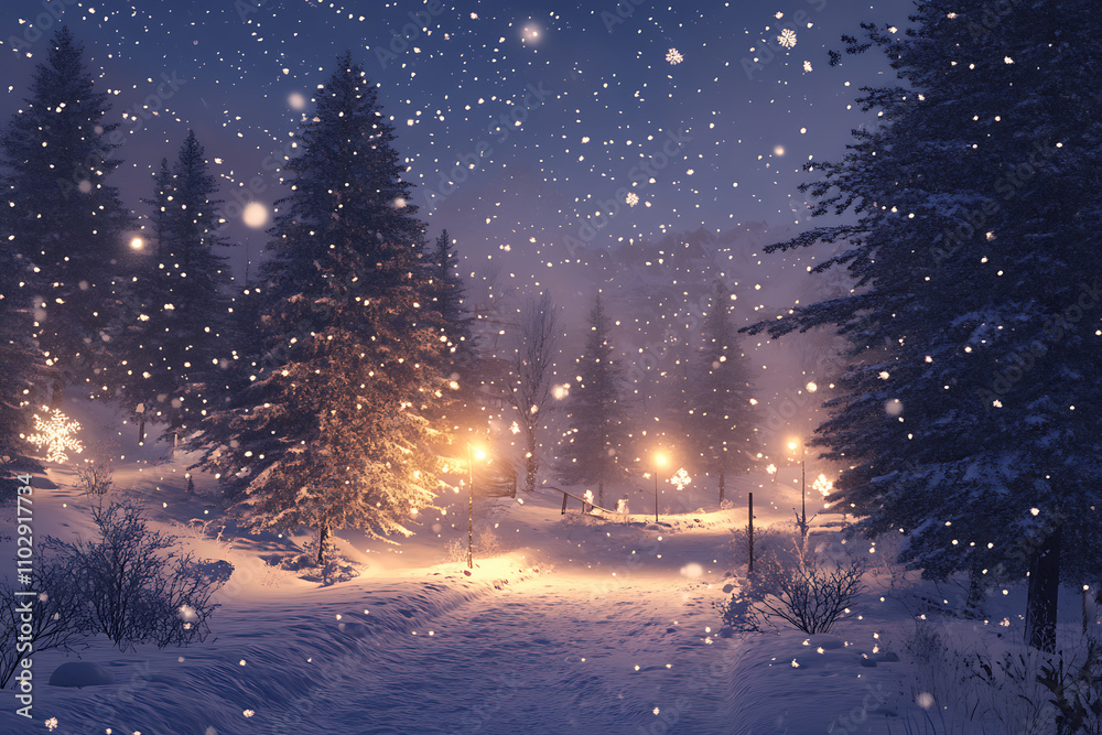 A snowy winter scene with frosted pine trees, glowing streetlights, and falling snowflakes under a starry sky, evoking peace and magic A snowy winter scene with frosted pine trees, glowing streetlights, and falling snowflakes under a starry sky, evoking peace and magic