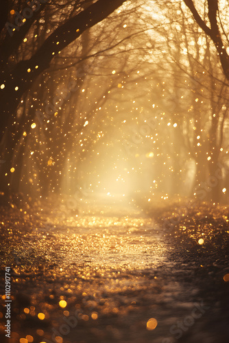 Enchanted Glow: Suspended Golden Sparkles in a Dreamy Fog