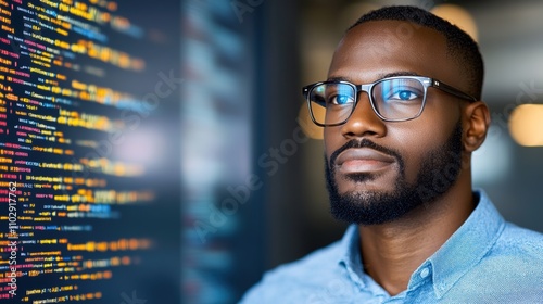 Professional African Man in Glasses Contemplating Computer Code and Programming Concepts in Modern Office Environment with Colorful Display of Digital Data