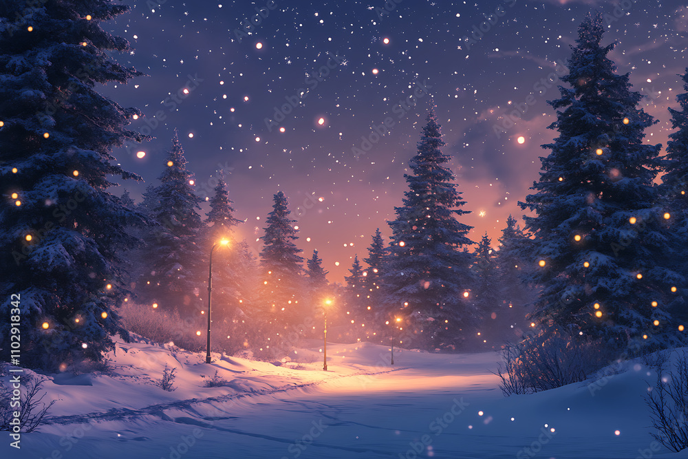 A snowy winter scene with frosted pine trees, glowing streetlights, and falling snowflakes under a starry sky, evoking peace and magic A snowy winter scene with frosted pine trees, glowing streetlights, and falling snowflakes under a starry sky, evoking peace and magic
