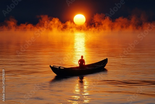 A sunrise over the Amazon River, with mist rising above the dense rainforest and a small boat gliding on the water