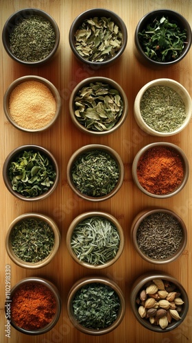 Vibrant Spices and Herbs on Rustic Kitchen Table, an inviting display of culinary essentials inspiring creativity and gourmet cooking in a warm, homey setting.