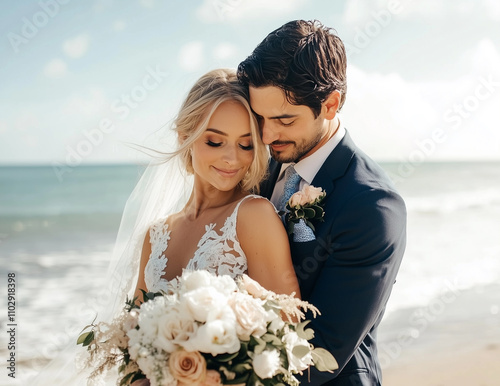Shot of newly married couple on the beach on their wedding day. Beautiful tropical outdoor ceremony with ocean view. 
