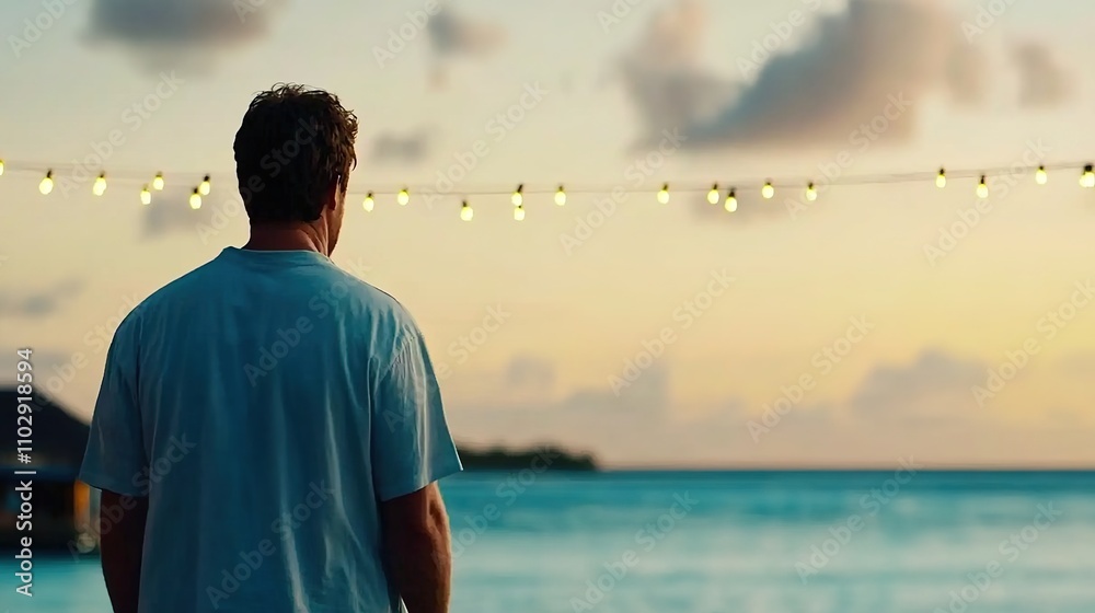 Fototapeta premium Man Staring at Beautiful Sunset Over Water While Standing on a Beach with Decorative Lights Illuminating the Scene, Evoking Peace and Reflection