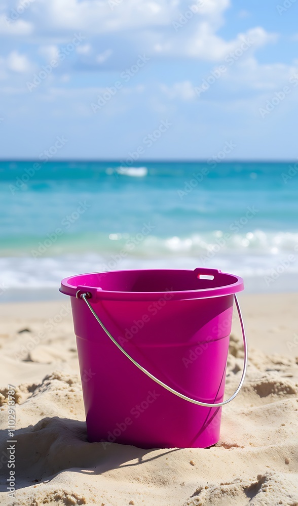 Pink Bucket on a Sunny Beach with Turquoise Ocean Waves. AI Generated Pink Bucket on a Sunny Beach with Turquoise Ocean Waves. AI Generated
