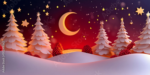 Christmas trees in the snow, paper cut