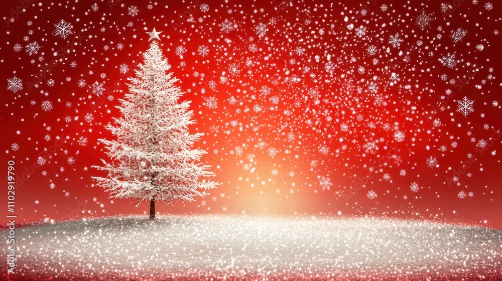 Red Christmas background with snowflakes and trees