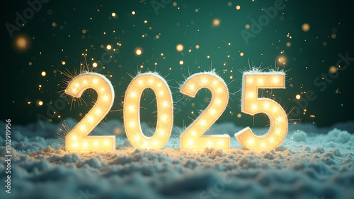 2025 New Year celebration with snow and lights. Concept of future, hope, and new beginnings.