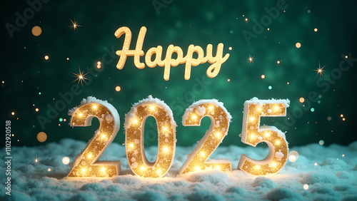 Happy New Year 2025 with snow and lights. Concept of celebration, winter holidays, and new beginnings.