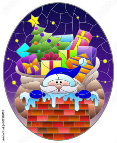 Stained glass illustration with Santa and a bag of gifts on the roof against the background of the night sky