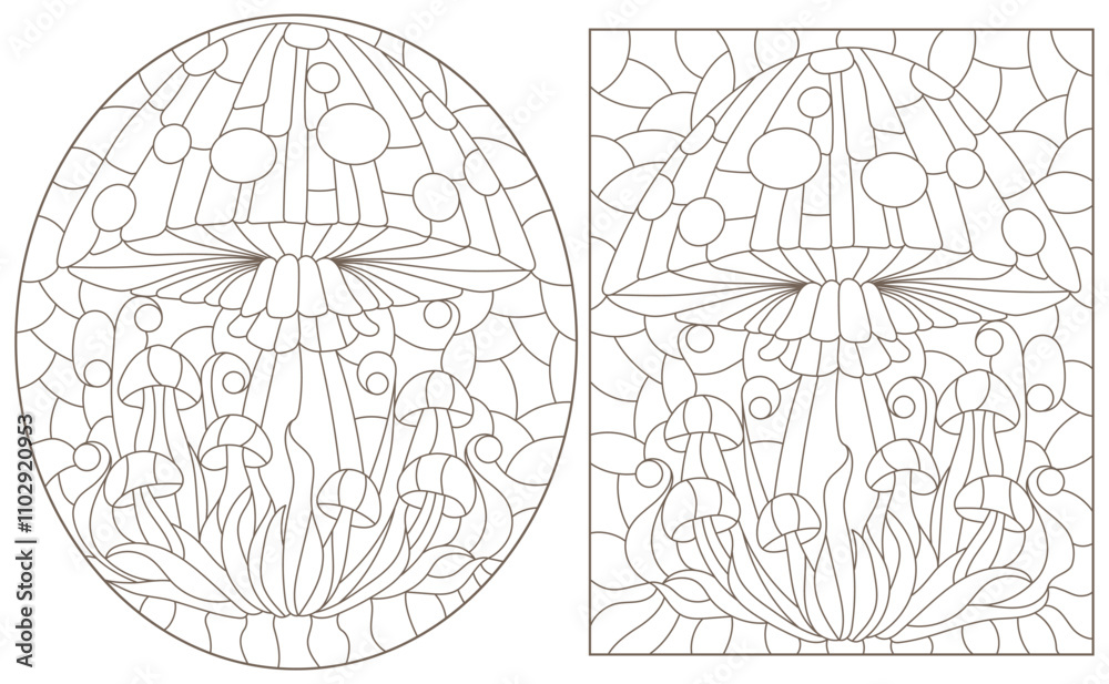 Obraz premium A set of contour illustrations in the style of stained glass with mushrooms , dark contours isolated on a white background