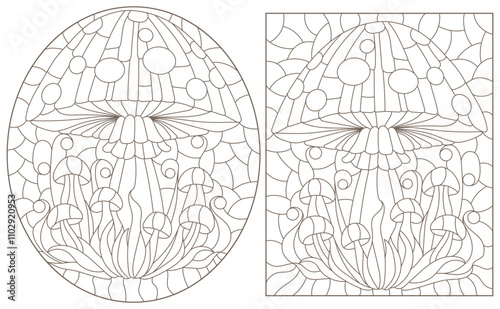 A set of contour illustrations in the style of stained glass with mushrooms , dark contours isolated on a white background