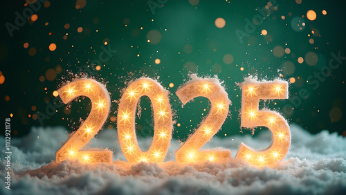 2025 New Year's Eve celebration with snow and lights. Concept of winter holidays, new beginnings, and future.