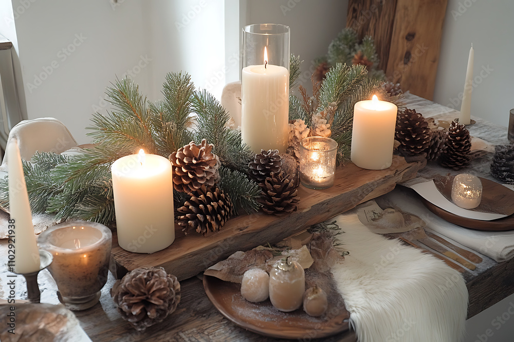 A rustic Christmas table with pinecones, candles, and natural decorations, creating a warm, inviting holiday setting for family gatherings A rustic Christmas table with pinecones, candles, and natural decorations, creating a warm, inviting holiday setting for family gatherings
