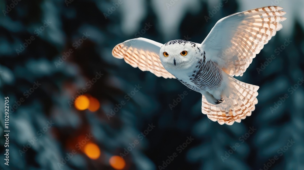 Fototapeta premium A snow owl flying above a glowing winter forest, its pristine feathers catching the moonlight s glow