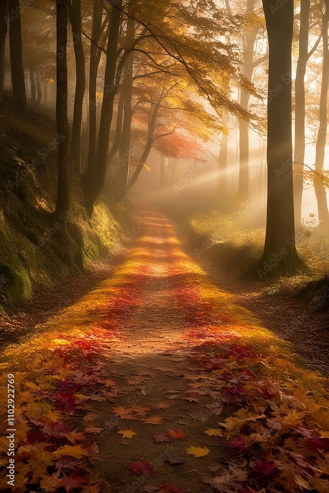 Fototapeta premium An enchanting forest pathway covered in autumn leaves, with golden sunlight streaming through the trees.