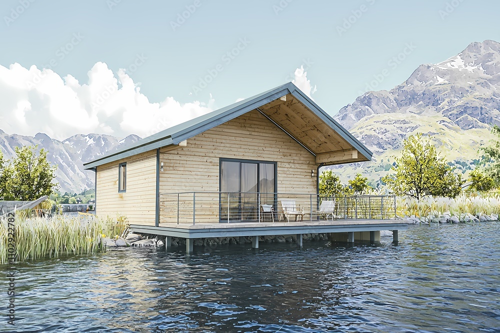 Fototapeta premium Modern Wooden Cabin on Lake Shore Surrounded by Nature and Mountains