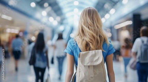 job fair and employee recruitment Bustling Shopping Mall Scene with Young Woman Wearing Blue Dress