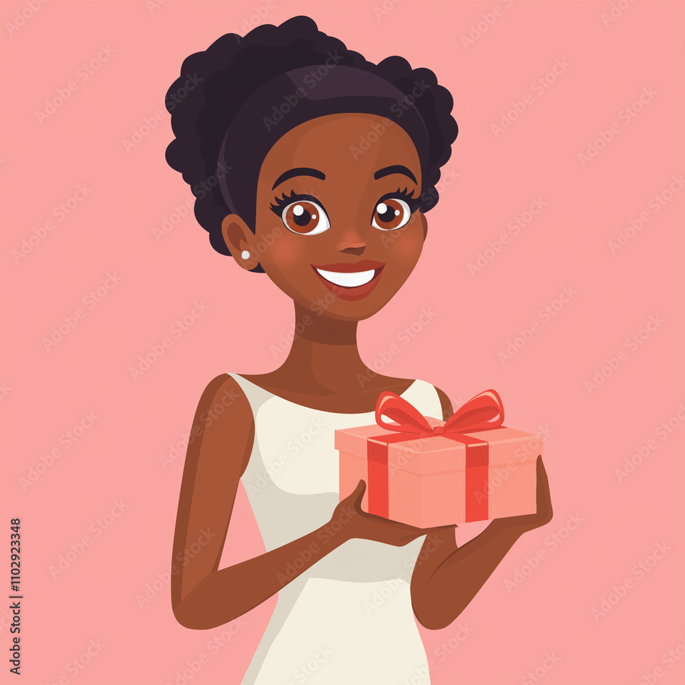 simple flat illustration of a Woman with gift box against pink background simple flat illustration of a Woman with gift box against pink background
