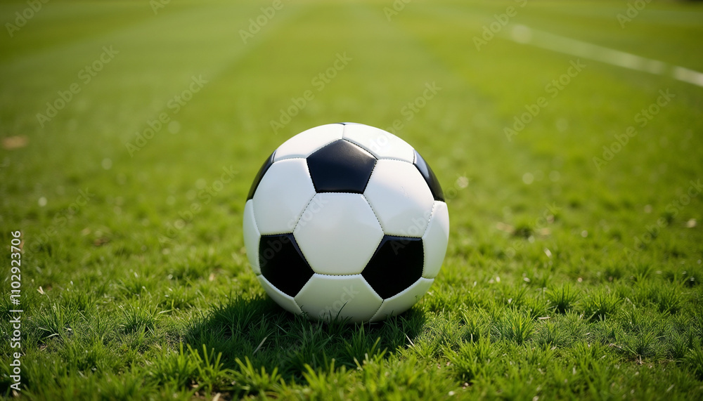 Soccer ball on green grass field in bright daylight Soccer ball on green grass field in bright daylight