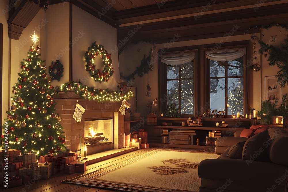 A cozy Christmas living room with a decorated tree, twinkling lights, and a glowing fireplace, creating a warm holiday atmosphere A cozy Christmas living room with a decorated tree, twinkling lights, and a glowing fireplace, creating a warm holiday atmosphere