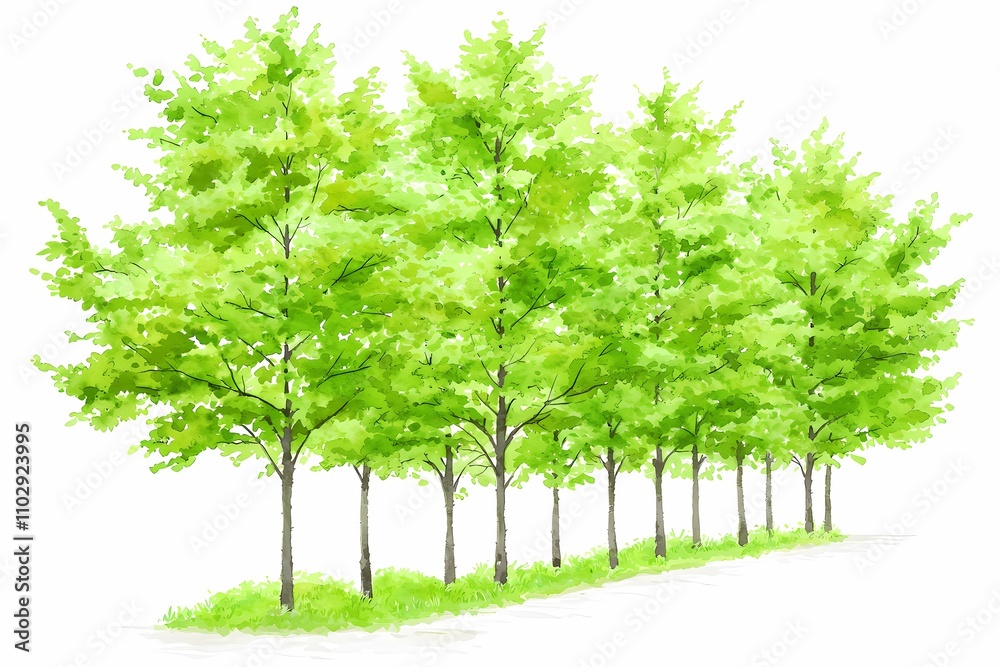 Obraz premium Lush Green Trees Aligned on a Bright White Background in Watercolor Style