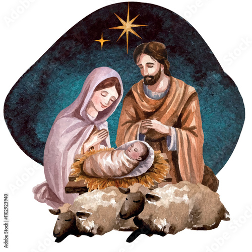 Vector freehand Christmas scene is an artistic watercolor depiction of the Nativity of Christ, including Mary, Joseph, baby Jesus isolated on a white background. Hand drawn watercolour card