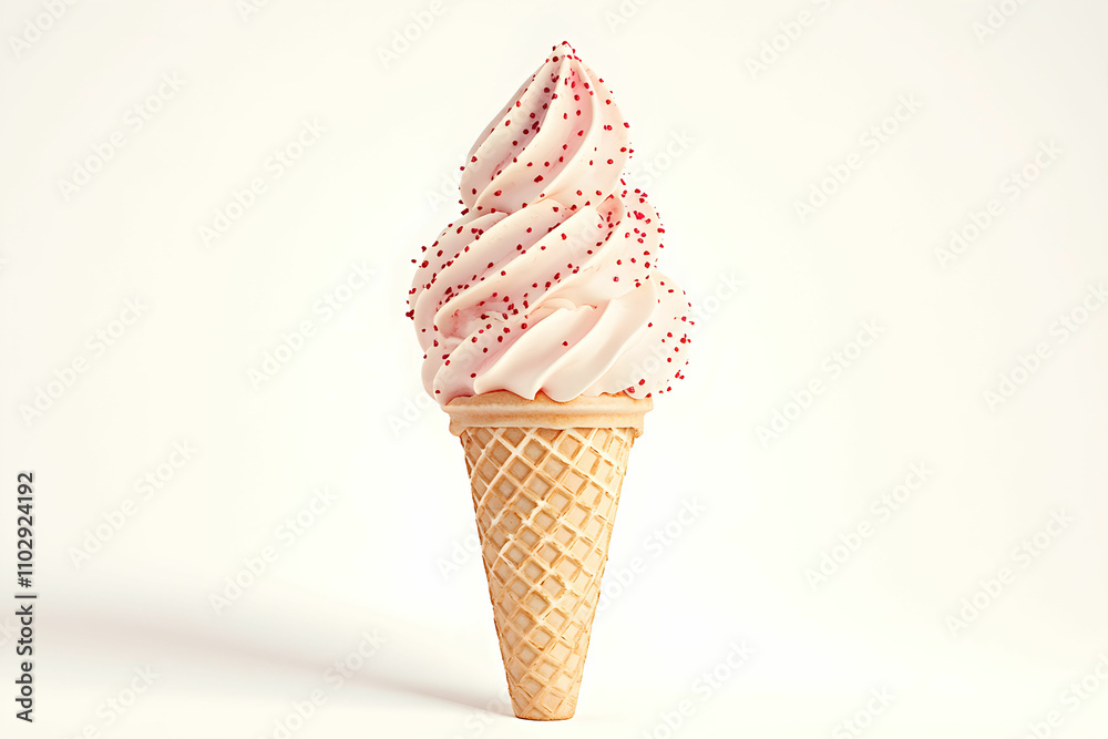 Delicious Swirled Pink Ice Cream Topped with Sprinkles in a Classic Cone, Perfect for Summer Treats and Dessert Indulgence, Isolated on a Light Background Delicious Swirled Pink Ice Cream Topped with Sprinkles in a Classic Cone, Perfect for Summer Treats and Dessert Indulgence, Isolated on a Light Background