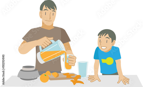 果物からジュースを作る父親と子供