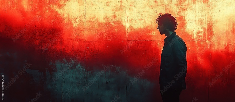 A silhouette of a person against a vibrant, colorful textured wall.