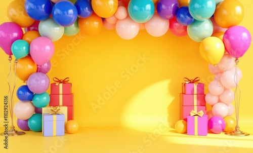 colorful balloon arch, vibrant gifts, yellow background, festive celebration, joyful atmosphere, bright and cheerful, party decoration, colorful balloons, stacked presents, playful scene
 photo