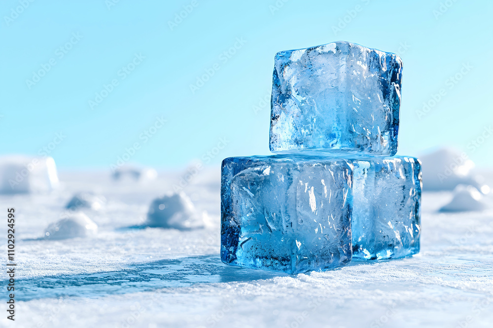 Obraz premium Fresh and Clear Ice Cubes Piled on a Frosty Surface with a Soft Blue Background Highlighting the Sparkling Transparency of Frozen Water in a Cool Atmosphere