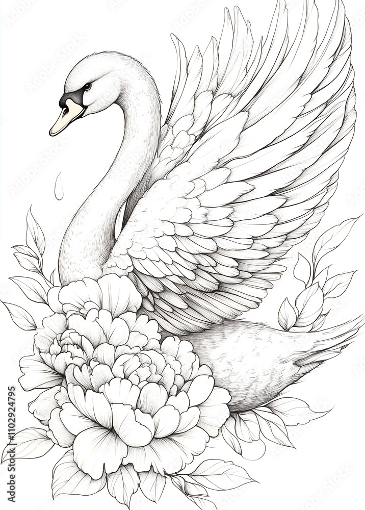 Obraz premium line drawing of an elegant swan with outstretched wings, resting on top of blooming flowers