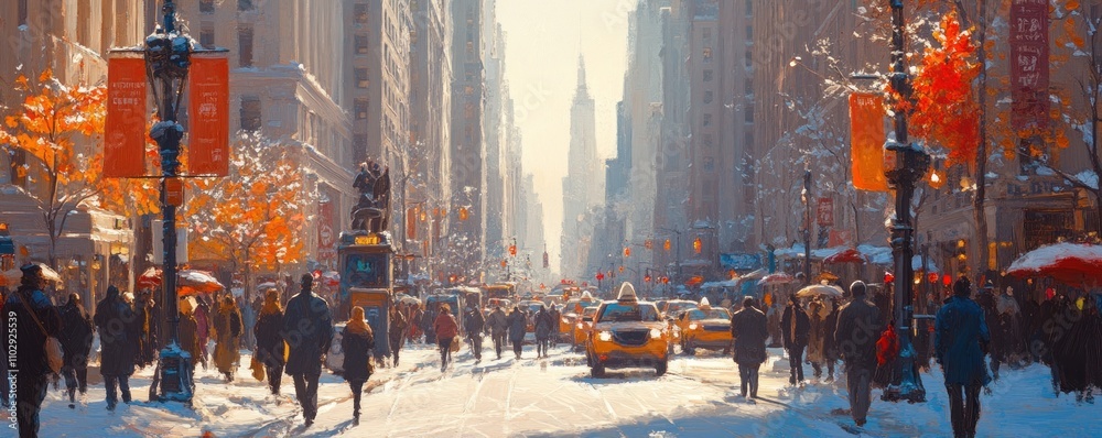 A bustling city street in winter, with snow, people, and iconic buildings in the background. A bustling city street in winter, with snow, people, and iconic buildings in the background.