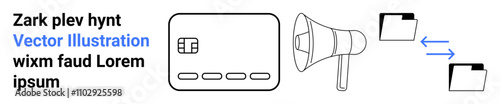 Credit card, megaphone, and file transfer icons connected with arrows. Ideal for business communication, online transactions, marketing campaigns, data exchange, informational design, web