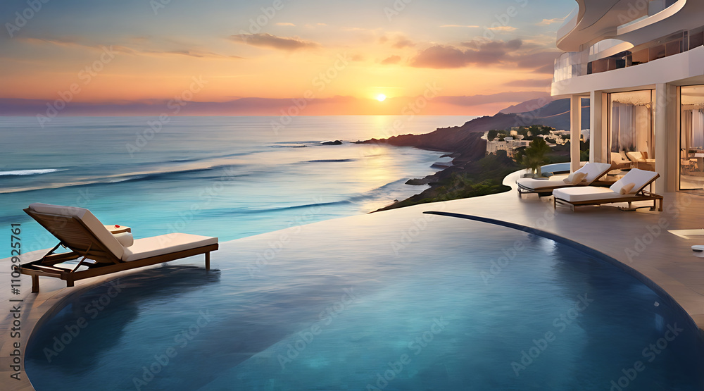 Fototapeta premium An upscale hotel advertisement showing a glowing infinity pool at sunset, luxurious lounge chairs, and a stunning ocean view, exuding relaxation and elegance.