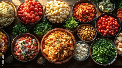 A vibrant spread of fresh ingredients for a meal preparation.