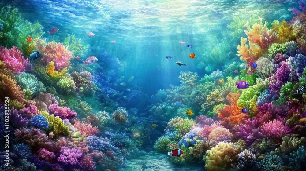 Fototapeta premium Vibrant underwater scene with colorful coral reefs and diverse fish swimming.