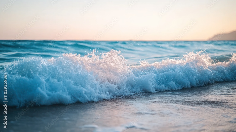 Fototapeta premium Ocean waves crashing on sandy shore at sunset