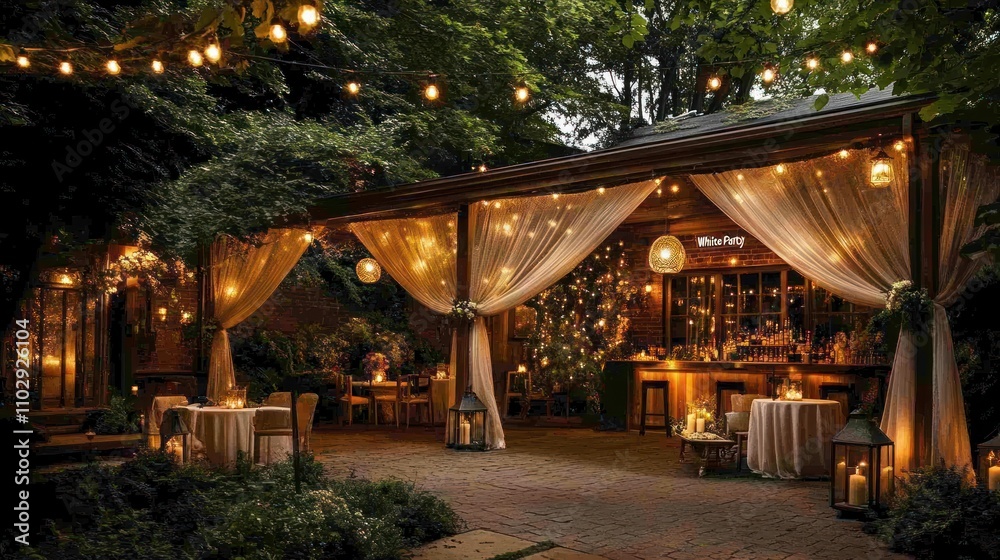 A beautifully lit outdoor venue with draped fabric, creating a cozy atmosphere for gatherings. A beautifully lit outdoor venue with draped fabric, creating a cozy atmosphere for gatherings.