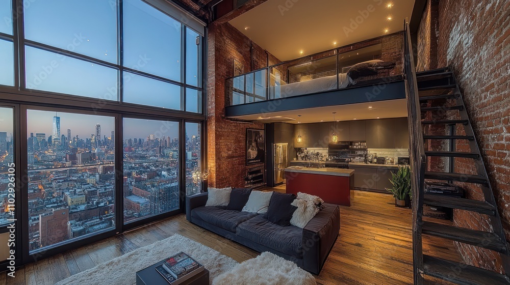 Modern loft interior with large windows showcasing a city skyline at sunset. Modern loft interior with large windows showcasing a city skyline at sunset.