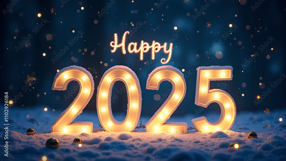Happy New Year 2025 in snowy forest. Festive winter holiday concept. Happy New Year 2025 in snowy forest. Festive winter holiday concept.