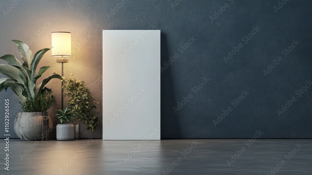 A serene interior scene with a blank canvas, lamp, and potted plants against a textured wall. A serene interior scene with a blank canvas, lamp, and potted plants against a textured wall.